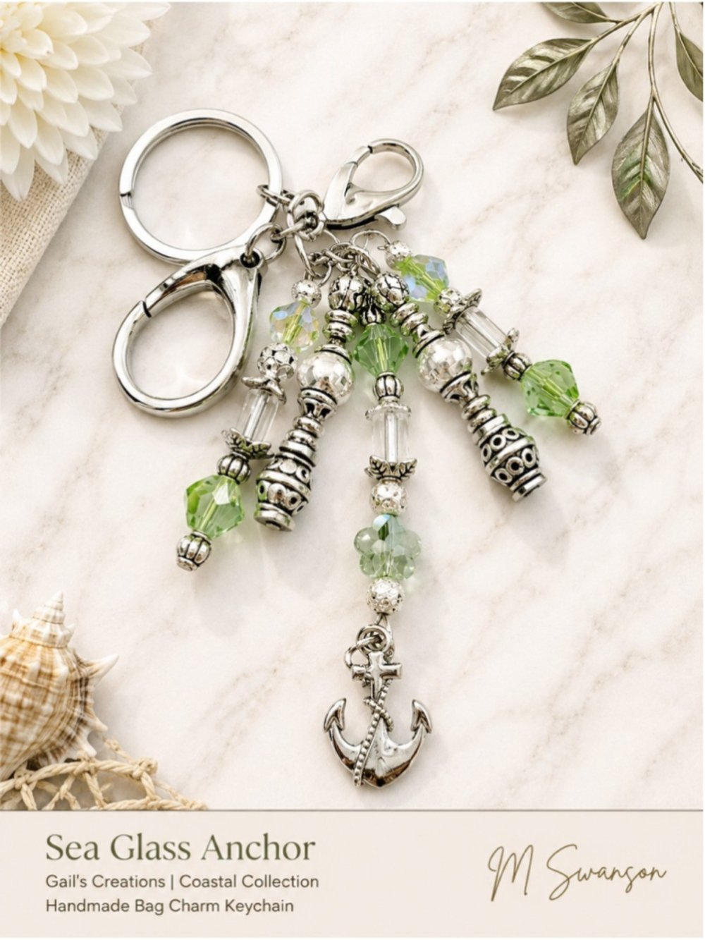 NEW One of a Kind Sea Glass Anchor Handmade Beaded Bag Charm Keychain (#39)